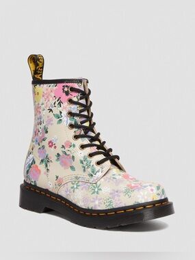 Dr Martens 1460 Parchment Beige Floral Mash up Leather Lace Up Boots Size 8